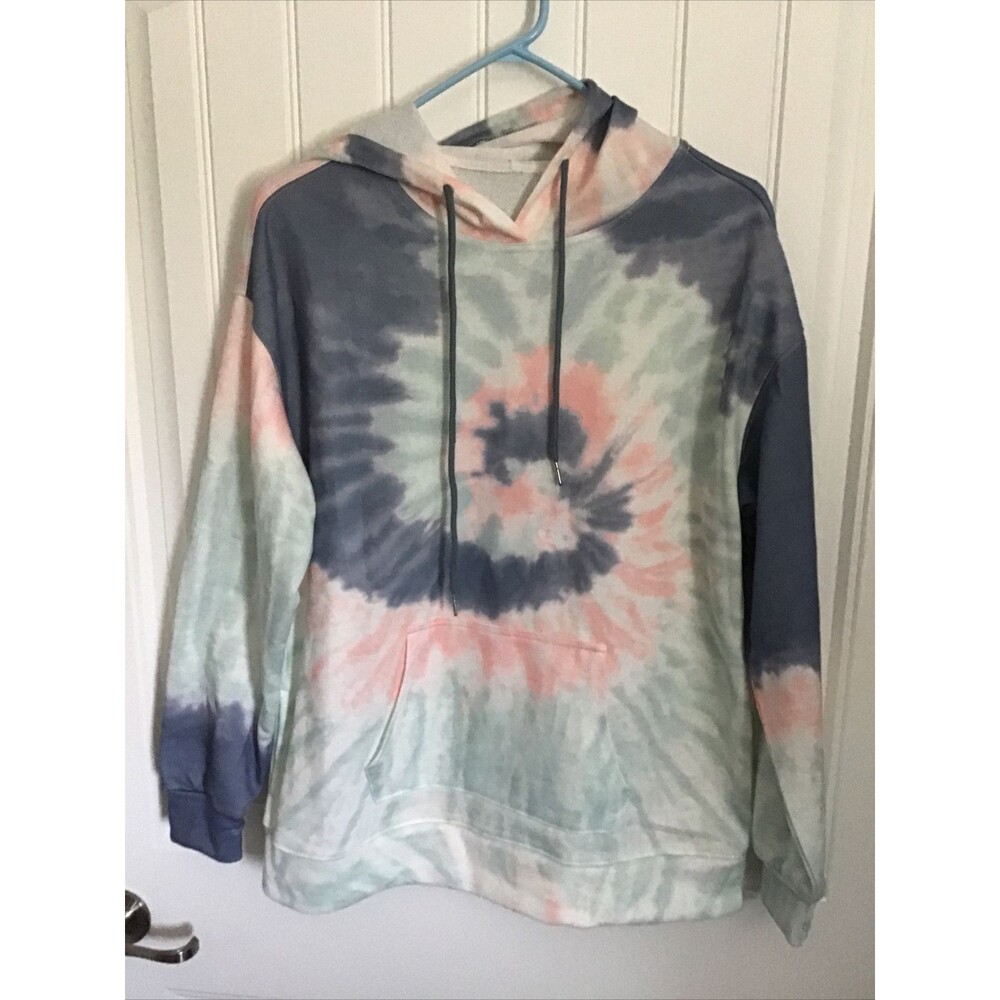 NWOT Tie Dye Pullover Hoodie/Sweatshirt Blue Mint Pink Kangaroo Pocket Sz L